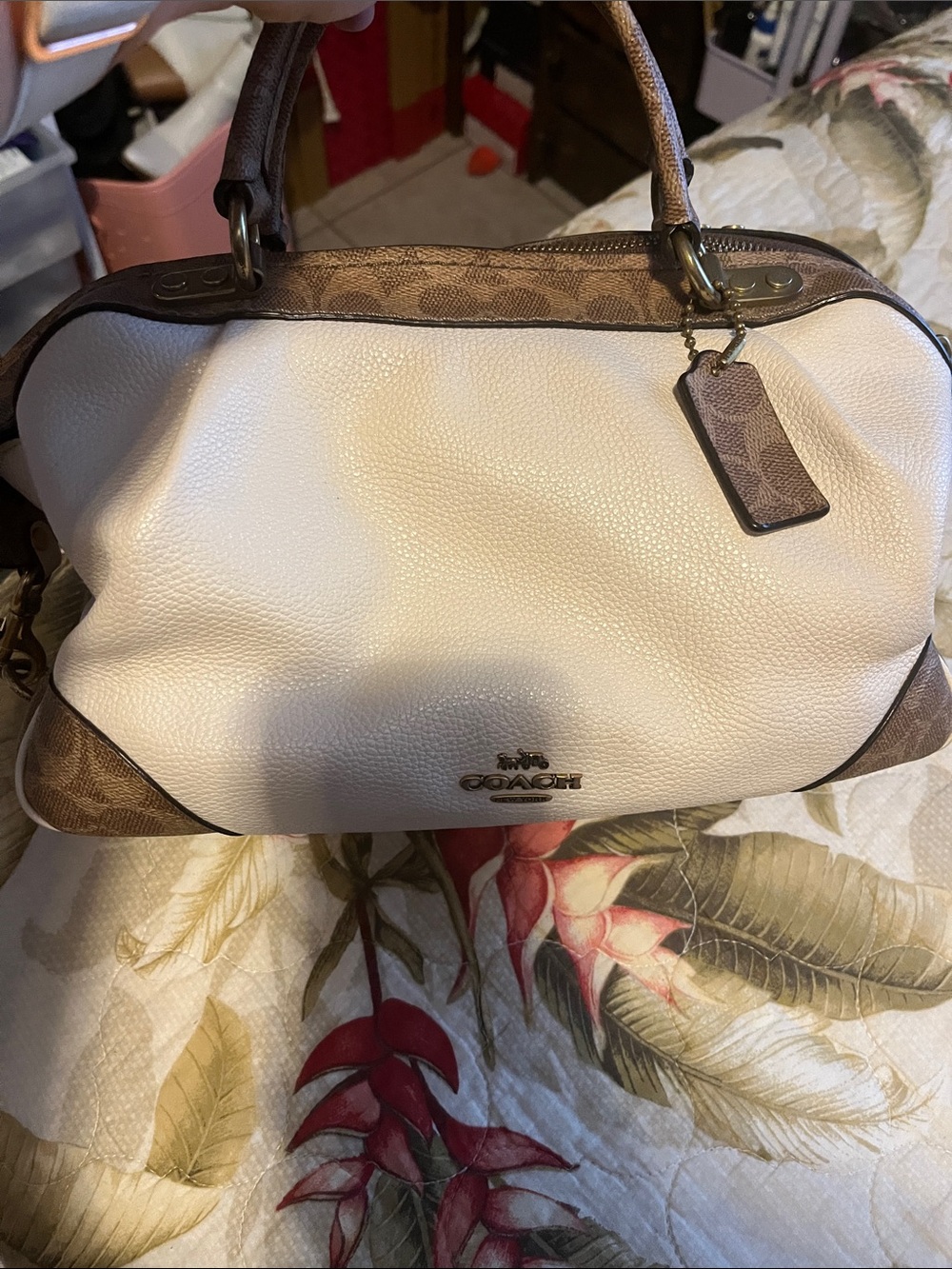 Coach Cream Pebbled Leather Satchel with Brown Signature Trim